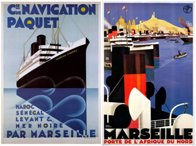 2 Ship Posters Marseille, Navigation -Broders, Ponty: 2 Ocean Liner travel posters * * * Title: MarseilleArtist: Roger BrodersMedium: Lithograph on paperPaper size: 38 1/4 x 24 1/2 inches * * * Title: NavigationArtist: Max PontyMedium: Lithograph on pape