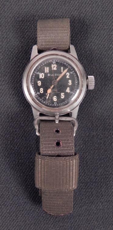 WWII U.S. AAF MILITARY ISSUED WRISTWATCH-BULOVA W/ID: WWII U.S. AAF MILITARY ISSUED WRISTWATCH-BULOVA-OD BAND-MACK ENGRAVED W/ID * * REVERSE MARKED "WRIST WATCH -MIL W-3818A--SERIAL # 21599--STOCK #6645-542-0554---BULOVA STOCK #****CONT No*****US"--HANDS