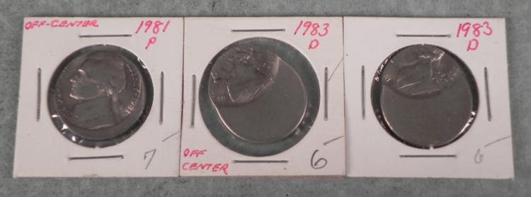 3 Mint Error Off Center Nickels 1981-P, 1983-D: 3 Nickels * * Designation: Mint Error - Off Center * Coins: * 1983-D (x2), 1981-P