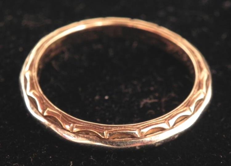 Antique Rings O Bliss 14K Gold Band Ring 1916: This is a 14K gold ring, marked Rings O Bliss. Along with a 14K mark, it is also personally engraved with initials, and the date 11-6-16. The edge has a decorative design. The inner diameter measures 
