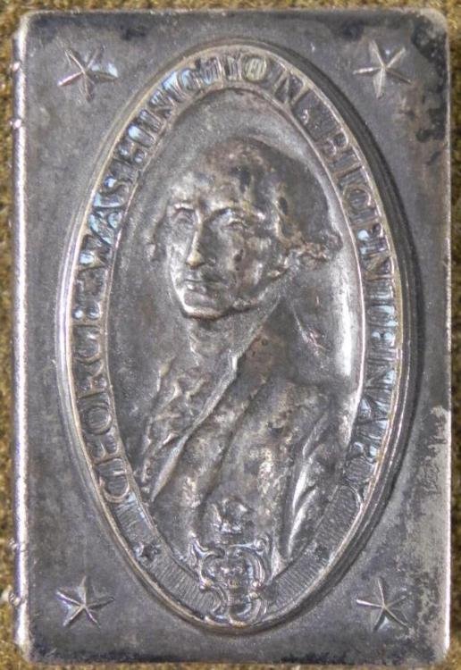 OLD GEORGE WASHINGTON MATCH SAFE BICENTENARY 1937: OLD GEORGE WASHINGTON MATCH SAFE-W/MT VERNON & WASHINGTON--1 3/4X1 1/4" * GREAT PIECE FOR WASHINGTON'S BICENTENARY--1737-1937 IS ON SPINE OF MATCH SAFE *