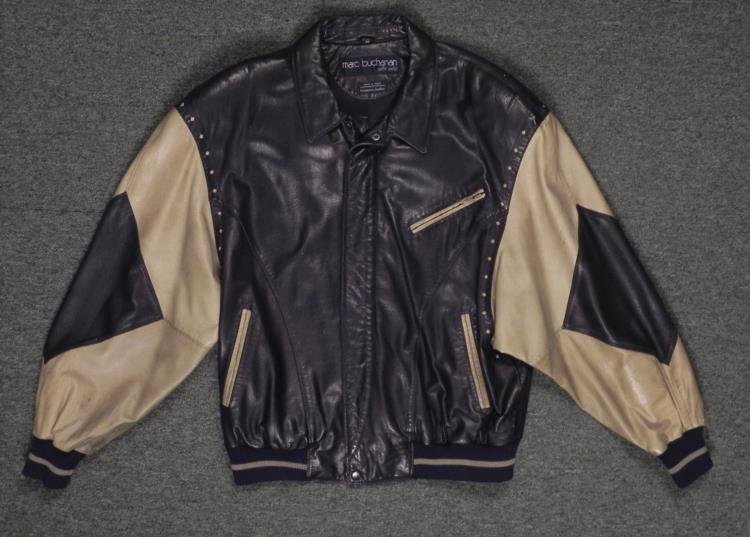 Marc Buchanan Pelle Pelle Soda Club Blck Leather Jacket: This is a classic Marc Buchanan Pelle Pelle men's designer leather jacket. * This is a Soda Club version, in black and pale olive, with sewn suede letters. Other terrific details include a cut diamond