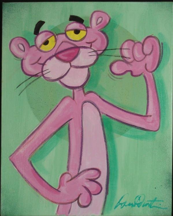 Duerrstein Pink Panther Original Art Painting: Here is the one and only pink panther in a splendid original painting! This perfectly pink portrait was painted by artist Dick Duerrstein, who knows his cartoon characters quite well. * Artist: Dick D
