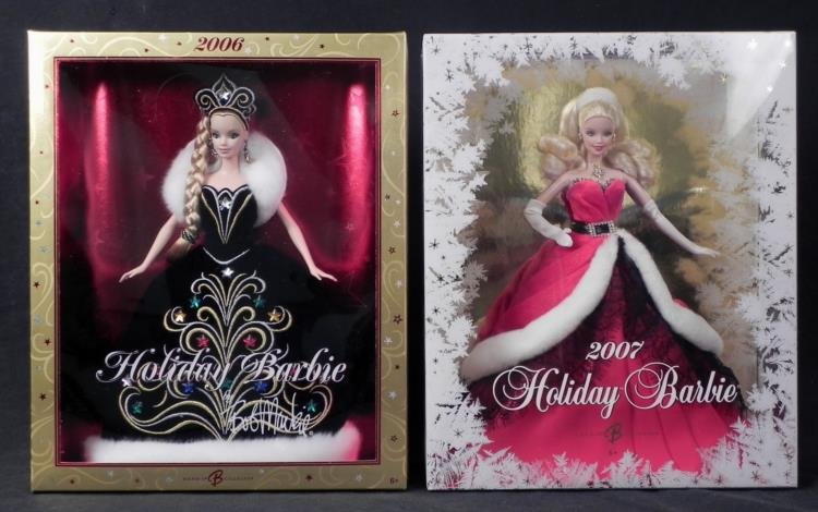 2 Barbie Happy Holidays Dolls -MIB 2006, 2007: Here are two Happy Holidays Special Edition Barbie dolls. Both are in Mint condition, from a non-smoking home, and have never been removed from the boxes. * One is from 2006, and she is wearing a blac