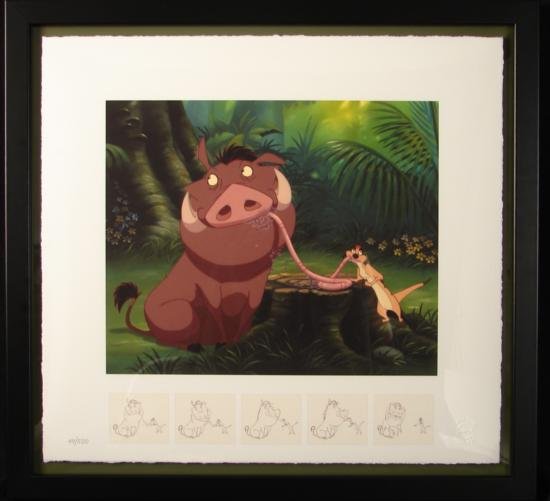 LION KING Disney Art Print Savor the Moment LE Framed: Featured here is a scene from "The Lion King" in which the famous spaghetti scene from "Lady and the Tramp" is recreated by Timon and Pumbaa, using a worm instead of spaghetti. Artists at the Walt Dis