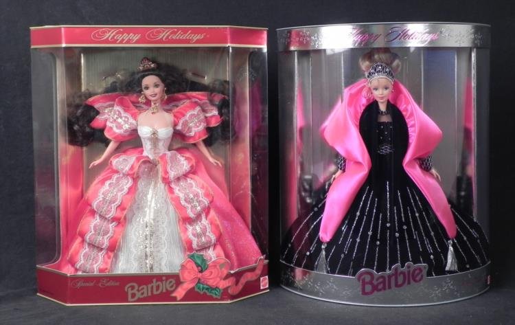 2 Barbie Happy Holidays Dolls 1997, 1998 -MIB: Here are two Happy Holidays Special Edition Barbie dolls. Both are in Mint condition, from a non-smoking home, and have never been removed from the boxes. * One is from 1997, and she is wrapped in red