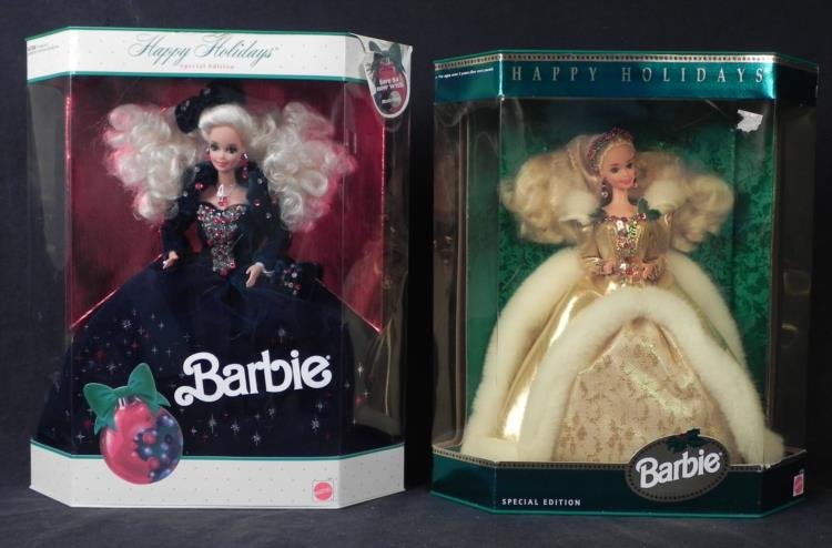 2 Barbie Happy Holidays Dolls 1991, 1994 -MIB: Here are two Happy Holidays Special Edition Barbie dolls. Both are in Mint condition, from a non-smoking home, and have never been removed from the boxes. * One is from 1991, and she is wearing a deep