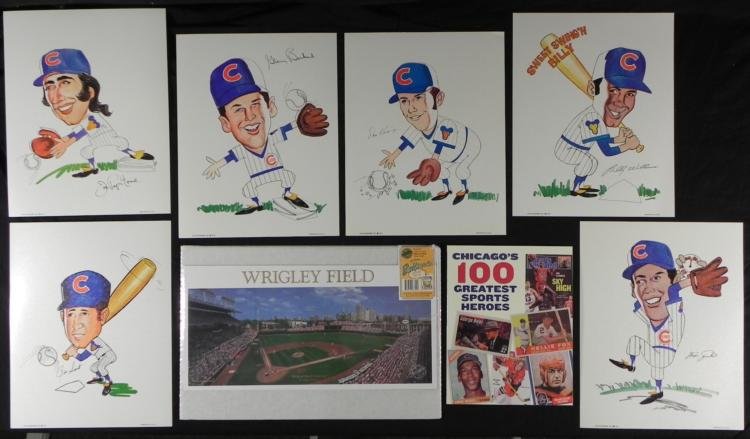 Chicago Cubs Wrigley Field Sports Heroes Memorabilia: Chicago Cubs Wrigley Field Sports Heroes Memorabilia * Chicago's 100 Greatest Sports Heroes MagazineVery good condition * 1972 Chicago Cubs Cartoon 11" x 14" Prints (Very good condition) * Joe Pepiton