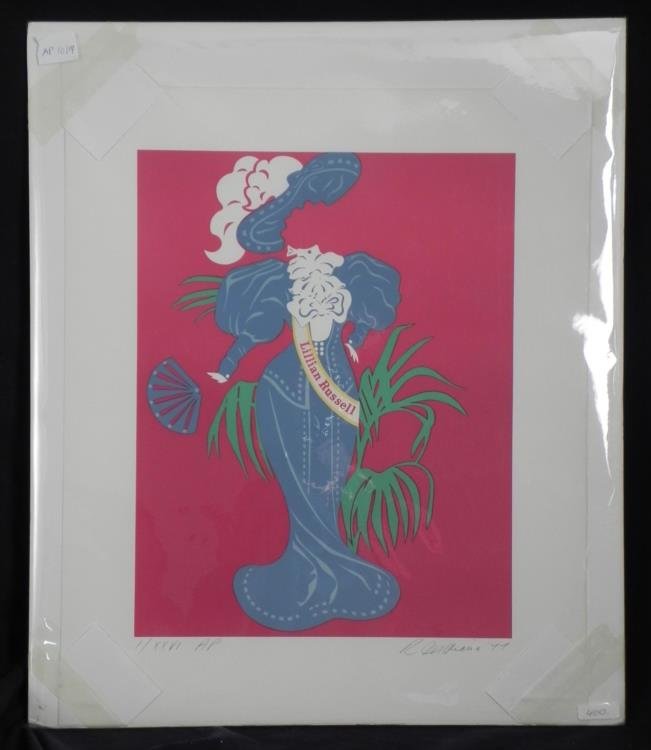 Robert Indiana Signed Pop Art Print Lillian Russell: This Pop Art portrait of the famous turn-of-the-century stage actress does not show her face, but it catpures her beauty in glamorous costume and stance. * * * Artist: Robert IndianaSignature: "R. Ind