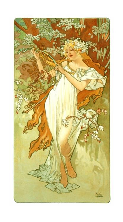 Alphonse Mucha : Spring Art Print: Artist: Alphonse Mucha * Title: Spring * Image Size: 39.25 x 20.25 inches. * Paper Size: 45 x 25.25 inches. * Notes: Lithograph