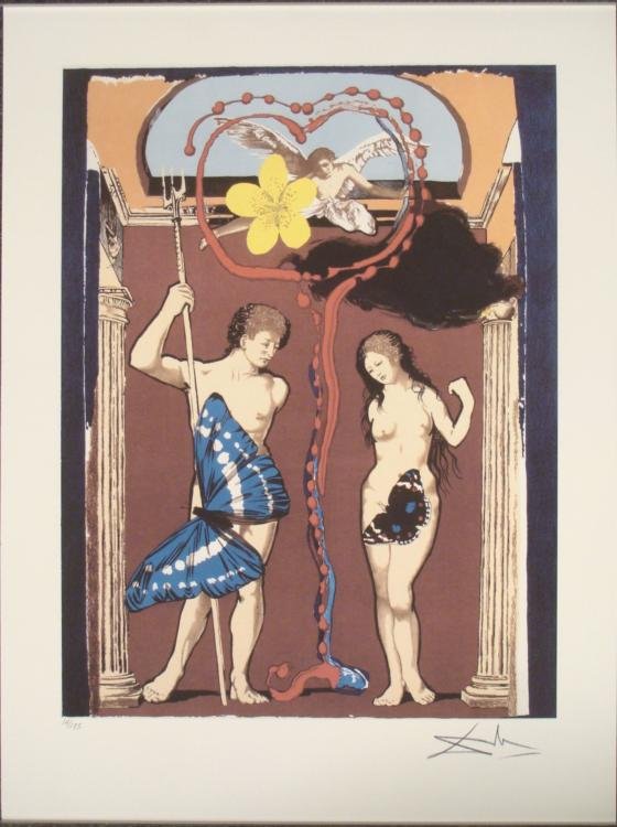 Salvador Dali : The Lovers, Adam and Eve Art Print: The original love story, starring Adam and Eve, is portrayed with a romantic flair in this attractive print.Artist: Salvador Dali Title: The Lovers, Adam and Eve Paper Size: 24 x 18 inches.