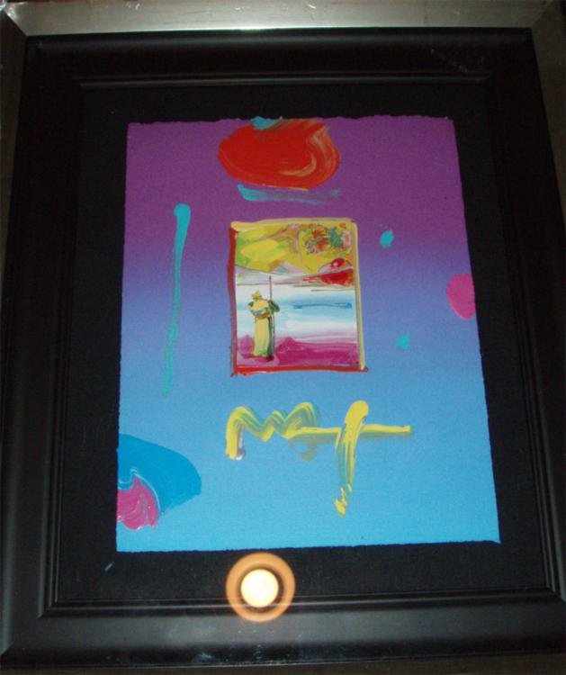 Peter Max Original Painting Over Serigraph -Sage 2: This lone sage wanders on a colorful background, in this wonderous original work by Peter Max. * Artist: Peter Max * Signature: Signed, lower right * Title: Sage 2 * Medium: Painting over serigraph on
