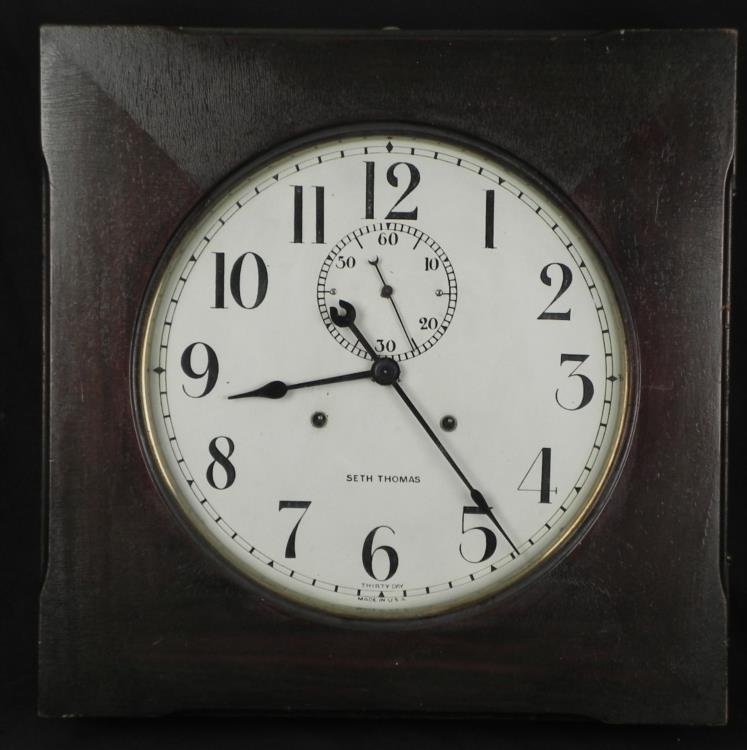 1910 ERA SETH THOMAS 30 DAY SQUARE GALLERY WALL CLOCK: OUTSTANDING 1910 ERA SETH THOMAS 30 DAY SQUARE GALLERY WALL CLOCK -W/KEY-WORKS * * GREAT OFFERING OF A 100+ YEAR OLD LARGE (19" X 19" X 5") SETH THOMAS KEY WIND GALLERY WALL CLOCK--ENCASED IN A MAHOGA