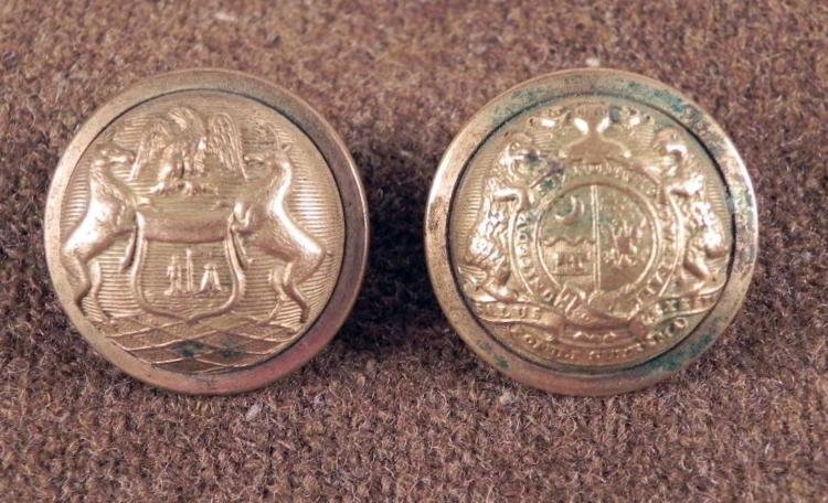 2 Antique Gilt Buttons Civil War Michigan, Missouri: 2 Civil War era State Antique Tunic Buttons in gilt * * Michigan: Obverse: Elk, shield and eagle; Reverse: WATERBURY BUTTON CO.Missouri: Obverse: Bears with state seal and motto; Reverse: PETTIBONE 