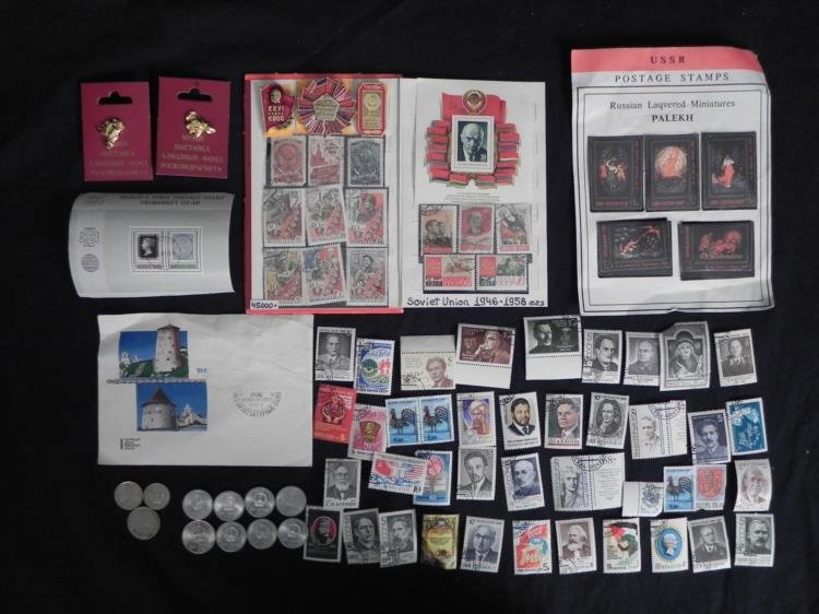 60 pc+ Russian/USSR Collection Coins, Stamps, Pins: This is a collection of over 60 Russian and Soviet stamps, coins, and pins. Included also are yi jiao coins from China dated from the 1990's. There are stamps from the Soviet era, from 1946-1958, plus