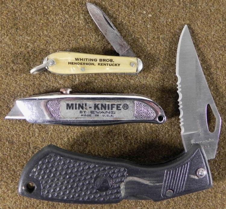3 VINTAGE FOLDING KNIVES- BARRACUDA UTICA MINI-KNIFE: THESE ARE 3 VINTAGE FOLDING KNIVES-BARRACUDA, UTICA (ADVERTISING KNIFE), AND MINI-KNIFE BY EVANS. * * *