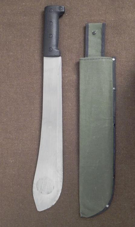 VINTAGE SURVIVAL HATCHET MACHETE W/CANVAS SHEATH: VINTAGE SURVIVAL HATCHET MACHETE W/CANVAS SHEATH * * 14 3/4" STEEL HATCHET/MACHETE BLADE-UN-MARKED--COMPOSITE GRIP--O/D COLORED SHEATH *