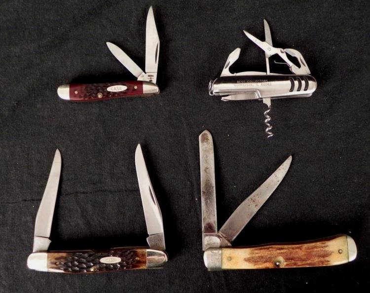 Lot 4 Folding Pocket Knives Knife Case,Ka-Bar-Vintage: Here are four nice Folding Pocket Knives, from 3 to 4 inches long, in good to very good condition. * * * Ka-Bar vintage 2 blade with engraved end, possibly used by a U.S. soldier * Case XX small 2 bla