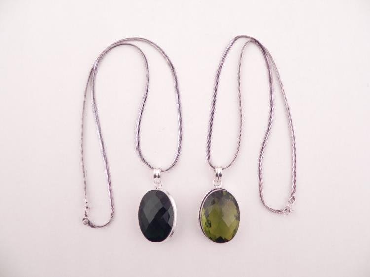 2 Sterling Pendants Lemon Quartz, Emerald, Necklaces: 2 different Pendant Necklaces * Gemstones: Lemon Quartz, Emerald Cut: Oval, facetedPendants: 34 and 35 mm stones, on sterling settings, on 19 and 20" chains