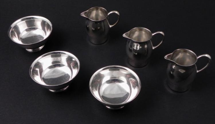 6 Reed & Barton Paul Revere Miniature Bowls, Pitchers: These six pieces are from Reed & Barton's Paul Revere Miniature collection. Included are three 3" bowls, and three 2 1/4" tall pitchers. They are in excellent condition, and will enjoyable as a mi