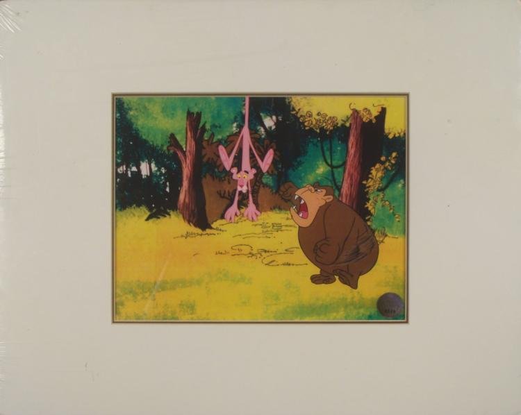 Pink Panther Original Production Cel & Backgrnd Gorilla: Here is an original animation cel and background used in the production of The Pink Panther Show cartoon. The program ran on television throughout the 1970's. Pink is dangling by his tail In this scen