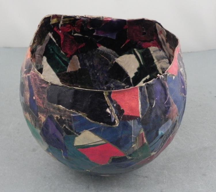 Raine Signed Paper Machete Art Collage Bowl Sculpture: This paper machete bowl is made of overlapping layers of book or magazine illustrations, forming a diverse arrangement of colors and patterns. * * Artist: Raine * Signature: In gold paint pen, underne