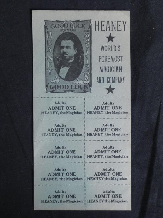 Heaney The Magician Vintage Unused Ticket Sheet -Rare: Heaney, the "World's Foremost Magician and Company" presents a show, and this vintage, unused ticket sheet. The ten tickets are perforated, and the entire sheet is in mint condition. It is 4 1/2 x 9 i