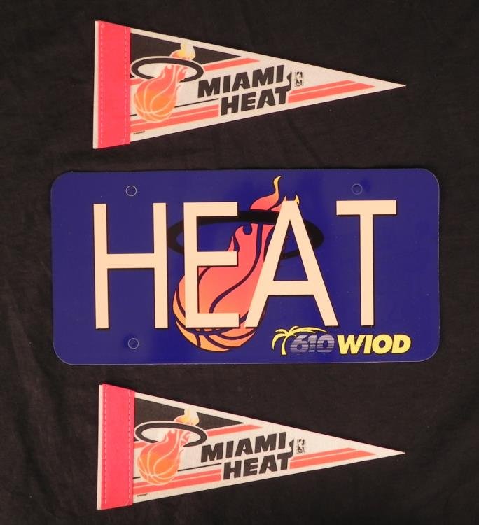 3 Pc Miami Heat License Plate,Pennants -610 WIOD 1996: Here are two Miami Heat pennants and one license plate from around the 1996 season. These were stadium give-aways, and only available at the game in Miami. The license plates were sponsored by radio s