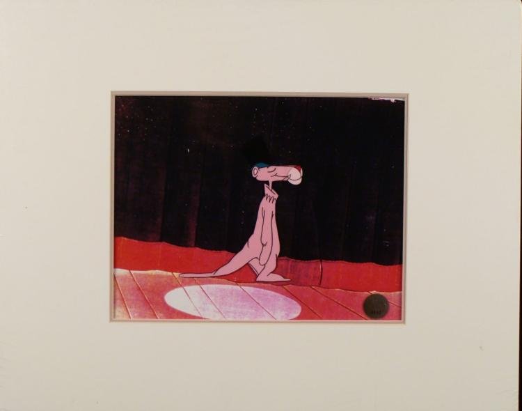 Pink Panther Original Production Cel & Background Stage: This is an original animation cel and background used in the production of The Pink Panther Show cartoon. The program ran on television throughout the 1970's. Pink has just stepped onto a stage, weari
