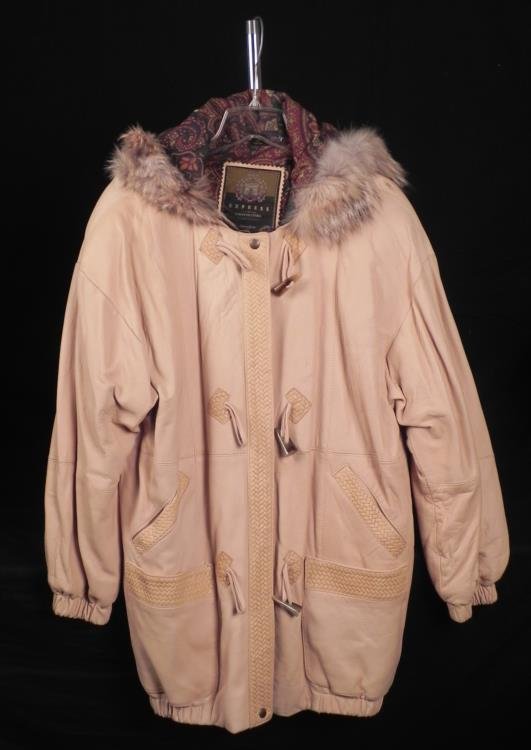 Express Ladies Leather Winter Coat w/ Faux Fur Collar: This is an Express Ladies ivory color Leather Winter Coat with Faux Fur Collar. The style is from Avenue De L'Opera, and features woven trim on the front and pockets, faux bone buttons, and fancy li