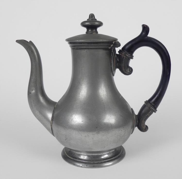 1850s Pewter Bachelors Teapot Victorian England -Dixon: A bachelor in a boarding house was not considered worthy of a full pot of tea, so this half pot size was brought instead. It became known as the Bachelor's Teapot, and this is a fine example in pewter