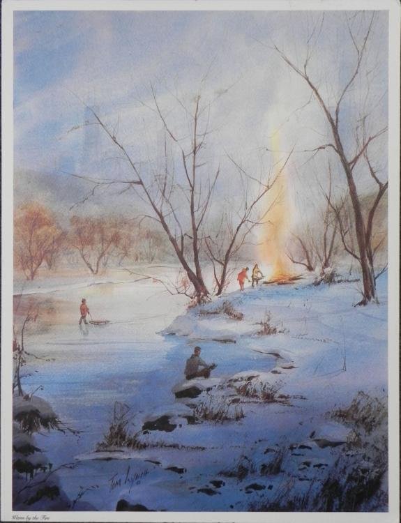 Tom Lynch Warm By The Fire Art Print: This is a print from a watercolor image of a peaceful winter day where kids can go sledding and a warm bonfire that keeps the festivities going... * * Artist: Tom Lynch Title: Warm by the Fire * Signa