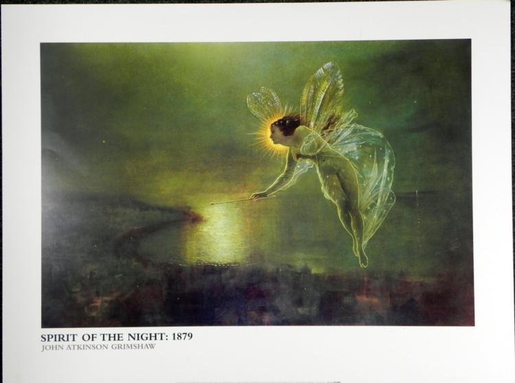John Atkinson Grimshaw Spirit of the Night Art Print: This Victorian era image is of a nightime faerie hovering luminous over a sleepy seaside village. * Artist: John Atkinson Grimshaw Title: Spirit of the Night * Medium: Lithograph on paperSheet size: 3