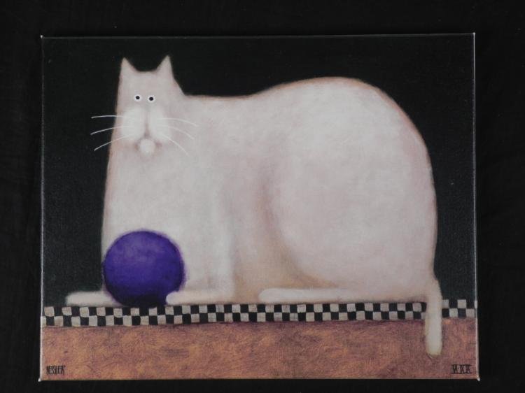 Cat With Purple Ball Daniel Kessler Print Canvas Art: This big white cat has a charming, na ve quality in its form. br> * * Title: "Cat with Purple Ball" * * Artist: Daniel Kessler * * Medium: Lithograph print on canvas: stretched on boardSize: