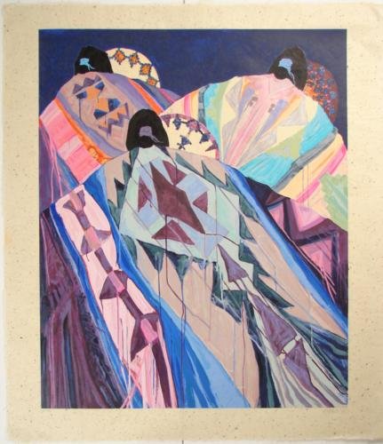 BASKETS BLANKETS Roberts Southwest Art Print Rice Paper: This beautifully envisioned Southwestern style fine art print on rice paper is by famous Cherokee artist Dolona Roberts: * Title: "Baskets and Blankets" * 1990 * Limited edition serigraph on rice pape