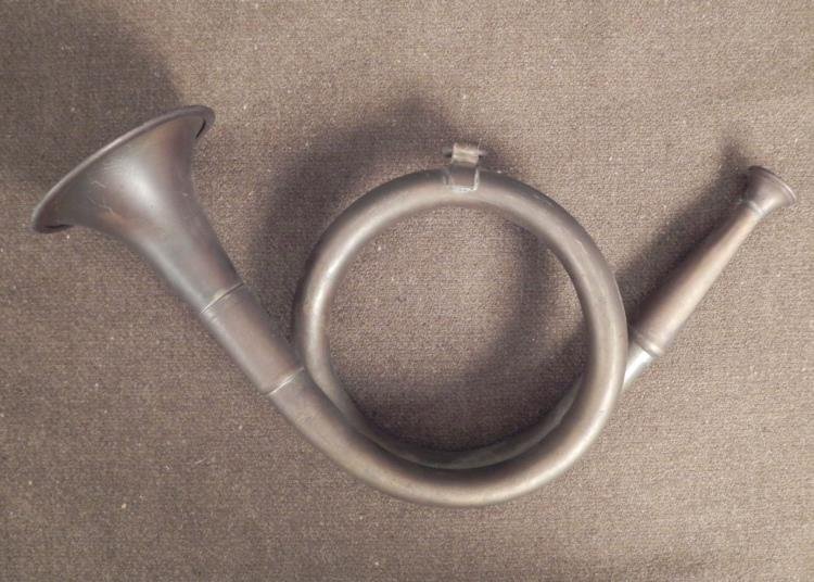 Antique Civil War Circular Brass Bugle 11 Inch: Here is a Civil War era brass bugle with rounded, circular shape, measuring 11 inches long. There is a band with ring on top. There is general aging, but no dings, and overall it is in very good condi