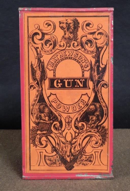 Mathewson's FFFFF Antique Black Gun Powder Tin: This antique from Mathewson's FFFFF once held one pound of black gun powder. The dimensions are 3 3/4" x 7"x 1 1/4". It is made of steel painted red, and it has an orange decal over the front with bla
