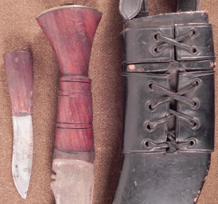 GENUINE MILITARY KUKRI W/ STRAPPED SCABBARD & UT KNIFE: GENUINE MILITARY KUKRI WITH STRAPPED SCABBARD & UTILITY KNIFE * THIS IS A GENUINE EARLY 20TH CENTURY NEPALESE MILITARY KUKRI-BEAUTIFUL ROSEWOOD GRIP -WINGED "V" ON THE POMMEL CAP-CURVED BLADE USED