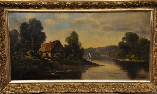 Hudson river school landscape painting signed: Antique Hudson river school painting. Nice patina, small area of touch-up, professionally re-lined. In a period ornate gilded frame.24"x 12", 27"x 15,25" overall. Signed lower right.