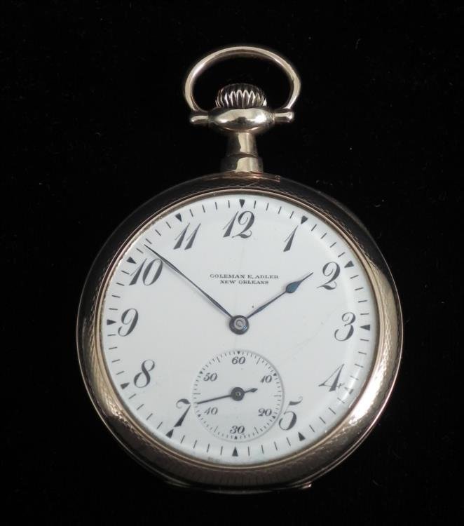 Illinois14K Gold OF Pocket Watch Adlers New Orleans: This antique gold Illinois pocket watch was sold exclusively by Coleman E. Adler, the esteemed New Orleans jeweler. It is in fine condition, and was running when tested. The dial has the jeweler's nam
