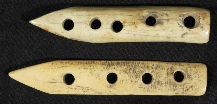 2 Vintage Ivory Carved Spears for Lancing Fish Eskimo?: These two vintage ivory carved items are spears, believed to have been used for lancing fish. They are likely Eskimo in origin. Each spear comes to a point, and has several holes, so they could be wor
