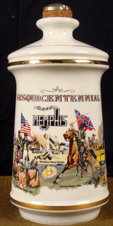9" PORCELAIN MEMPHIS SESQUICENTENNIAL 1819-1969 BOTTLE: 1969 9" PORCELAIN MEMPHIS SESQUICENTENNIAL 1819-1969 BOTTLE * HAS SCENES FROM 1541 (DESOTO DISCOVERS MISSISSIPPI 1541 TO CONFEDERATE CIVIL WAR TO MEMPHIS BLUES 1909 CRUMP 7 HANDY) BOTTOM READS "STITZE