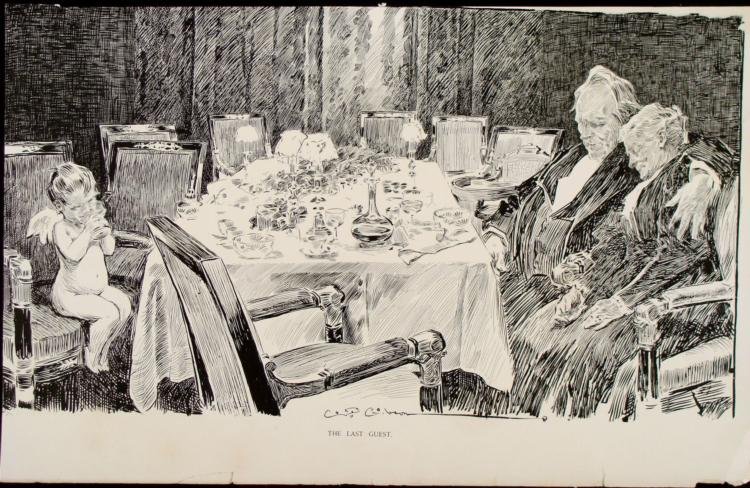Charles Gibson Girl Orig Book Print 1896 The Last Guest: This is an original, double-sided print from the antique book Pictures of People by Charles Dana Gibson. The book and this print were published in 1896, and the edition was limited to 500 copies, many