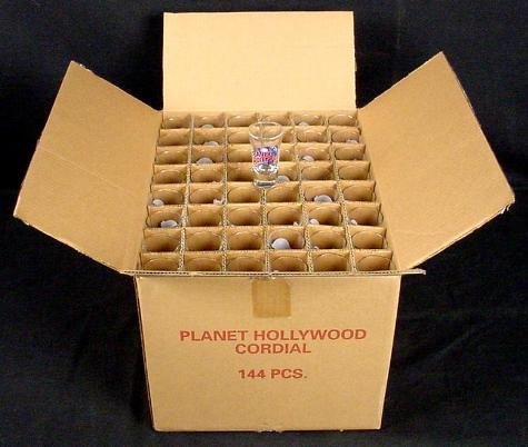 Planet Hollywood FRANKFURT Germany Shot Glass Case/144: This is a case of 144 shot glasses from Planet Hollywood Frankfurt (Germany). They are in mint condition, and come in the original box. These shots are now rare, because the location is no longer open