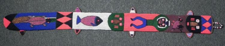 African Beaded Hand Made Tapestry w/Mask, Animals: Here is a wall hanging tapestry piece from Africa featuring lively mask faces, and creatures of the land, sea, and air. The designs are all beaded, with bold colors. The backing is linen, or some type