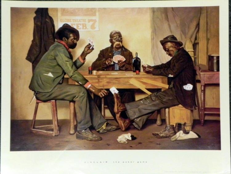 Irving Sinclair The Poker Game Black Americana Print: Two young fellows try to outsmart the older one in their poker game, as one of them has a sneaky move with his foot. * Artist: Irving Sinclair Title: The Poker Game * Medium: Print on paperSheet size: