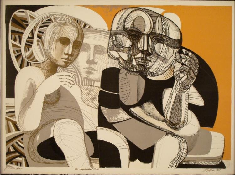 Signed Art Print Arnold Belkin In Resplendant Places: This dramatically detailed image portrays human mutation into rock. It shows the artist's muralist approach to forms and styles, as well as fine lines and sketches of the human and rock for