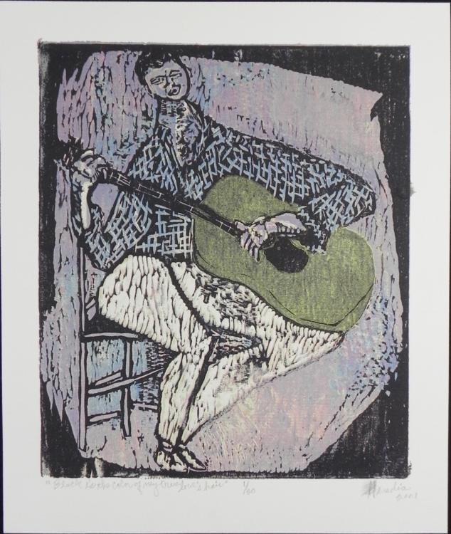 Betty Snyder Rees Original Print Guitarist Portrait: This original print portrays a guitarist with large guitar, and Cubist inspired form. It is named after a song title from a traditional Appalachian Mountain folk song popularized by Nina Simone. * * *