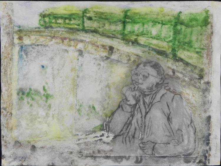 Betty Snyder Rees Orig Signed Painting -Train Portrait: This is an original study of a man riding a train, seated by the window, and watching the colorful scenery pass by. The line drawing appears to be copied or traced. In this portion of his journey, the