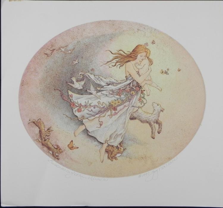 Joy Wallace Signed Art Print Embracing the Miracle: This scene appears to be straight out of a children's book, and it presents lovely details and magic for a mother or child. * Artist: Joy Wallace Signature: Signed by the artist in pencil, lower right